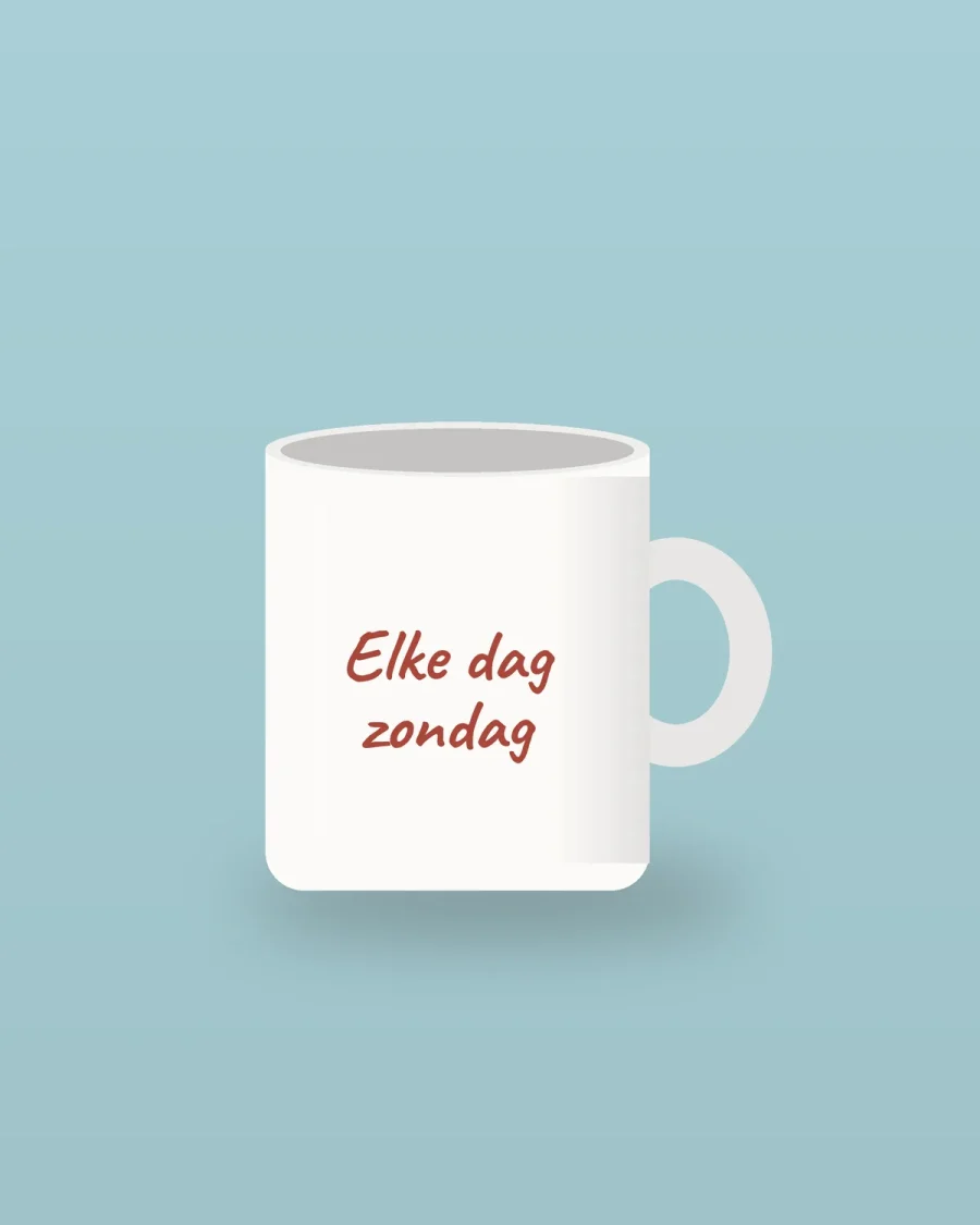 Mok Zondag: mok met handgetekende tekst "Elke dag zondag" in Roestrood